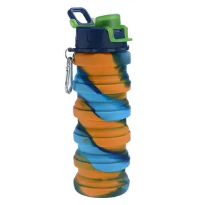 Wholesale 500ml BPA Free Silicone Folding Bottle Collapsible Water Bottle with handle & rope For Camping Travel