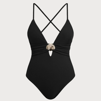 Baju Renang Wanita Custom OEM Push Up Berbahan Ribbed Deep V Shell Hardware Cross Back One-Piece dari Kain Daur Ulang Bersertifikasi OEKO-TEX untuk Pantai