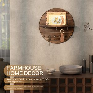 <span class=keywords><strong>Porte</strong></span>-clés mural rond en <span class=keywords><strong>bois</strong></span>, organiseur de courrier pour entrée, étagère flottante murale, crochets multiples, décoration murale vintage style ferme - Product Image 1