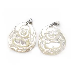 Wholesale Bulk Jewelry Carved Natural Gemstone White Mother Of Pearl Smiling Buddha Shape Pendant Silver Hook Maitreya Charms