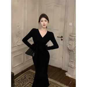 V-Neck Knitted Dress Women Autumn Winter Bodycon Long Skirt Fishtail Style Solid Color Slit Base Layer Dress Black - Product Image 4