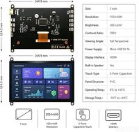 Monitor Táctil de 7 Pulgadas para Raspberry Pi, Pantalla LCD con Resolución de 1024x600, Panel IPS, Brillo de 300cd/m, Tiempo de Respuesta de 5ms