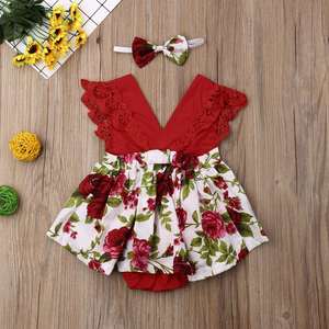 Vêtements pour bébé, combinaison d'été en dentelle rouge rose, robe sans manches à fleurs, robe de bébé élégante avec bandeau - Product Image 3