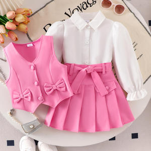 Conjunto Formal Casual <span class=keywords><strong>de</strong></span> Tres Piezas para Niñas, Camisa Blanca, Chaleco Rosa y Falda, Moda Infantil para Uso Diario y Fiestas - Product Image 1