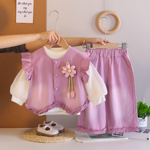 Graziosi Completi Autunnali per Ragazze in Poliestere/Cotone, Top a Maniche Lunghe con Stampa Animalier e Pantaloni in Pizzo, Tessuto Morbido - Product Image 2