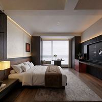 Ensemble de lit king-size en bois massif moderne sur mesure, directement de l'usine, avec table de chevet intégrée pour projet d'hôtel de luxe