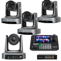 TONGVEO - Paquete de 4 Cámaras PTZ 4K con Zoom 20X y Seguimiento Automático por IA, Controlador de Joystick PTZ, Mezclador de Video, Interruptor POE, Transmisión en Vivo