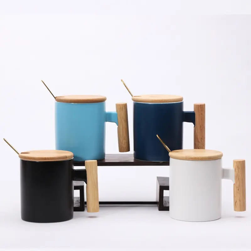 New sale gift porcelain coffee mug set custom logo 301-400ml ceramic tumbler cups ceramic coffee mugs with wooden handle