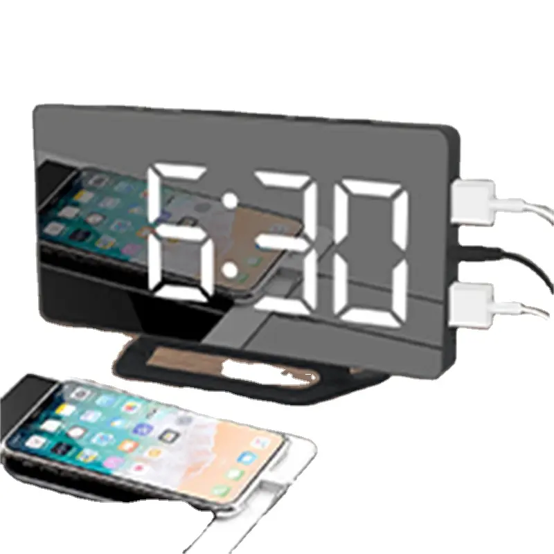 Digital Alarm Clock Mirror Electronic Touch Snooze Automatic 2 USB Ports Desk Wall LED Clocks