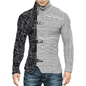 Turtleneck Men's Sweater Autumn Winter Color Leather Buckle Long Sleeve Knitted Cardigan Large Size Polyester
