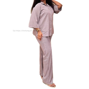 Plus Size Casual Women's Collared Striped Cardigan Shirt Wide-Leg <b>Pants</b> African 2-Piece Set Fashion - Product Image 5