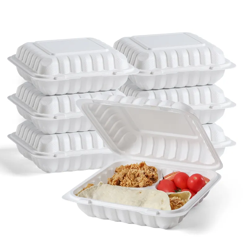 8x8" 3-Compartment Eco-Friendly Bio Clamshell To Go Box Disposable Mineral Plastic Take Out Food MFPP Hinged Containers