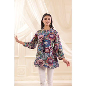 Compre una elegante túnica de manga larga con estampado étnico mosaico, de corte relajado, ropa de moda premium de boutique para mujer. - Product Image 1