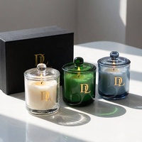 Bougie parfumée de luxe en verre transparent vert bleu carré pour mariage et Noël, avec couvercle en verre résistant à la chaleur et écologique