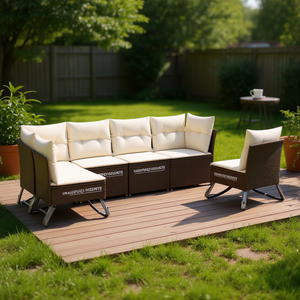 Ensemble de canapés de jardin 5 places en rotin PE marron avec pieds réglables, mobilier de patio pour l'extérieur - Product Image 2