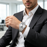 Montres pour hommes PINTIME avec lunette octogonale, cadran argenté effet soleil, double date, mouvement à quartz, bracelet en alliage, vente en gros OEM