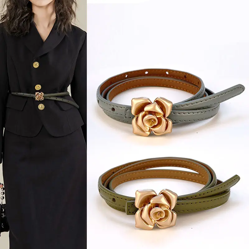 Wholesale 1cm Wide Women's Fashion Floral Alloy Buckle Skinny Waist Belts for Coat Dress