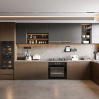 Cuisine moderne en forme de U, gris brillant, sans poignées, crédence en marbre, éclairage LED sous les armoires, sur mesure, RTA, contreplaqué