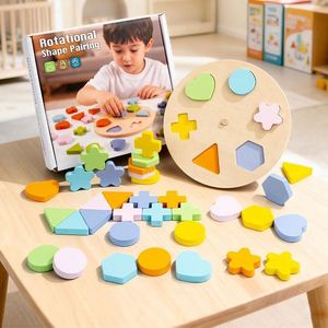 Childhood Development <b>Puzzle</b> Wooden Pattern Blocks with Turntable Educational Colorful Shape Blocks Sorting Stacking Toys - Product Image 1