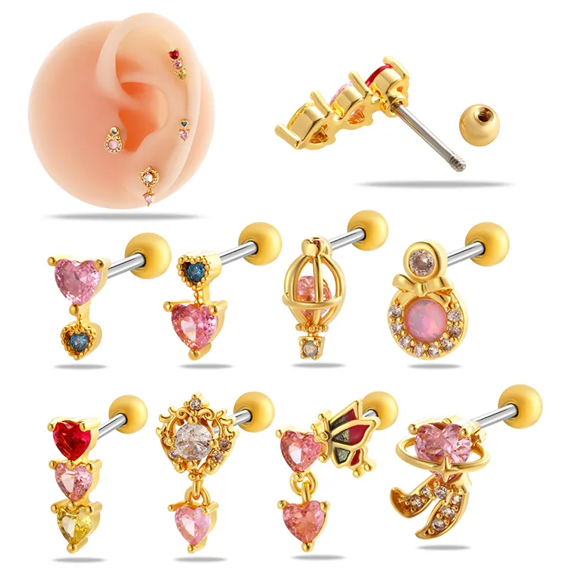 HENGSEN anting-anting kancing daun telinga berjuntai kombinasi hati merah muda perhiasan tindik helix untuk anak perempuan