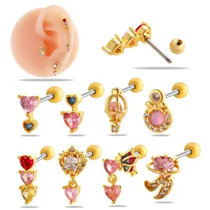 HENGSEN Pink Heart Combination Dangle Ear Cartilage Piercing Jewelry Helix Stud Earrings For Girls
