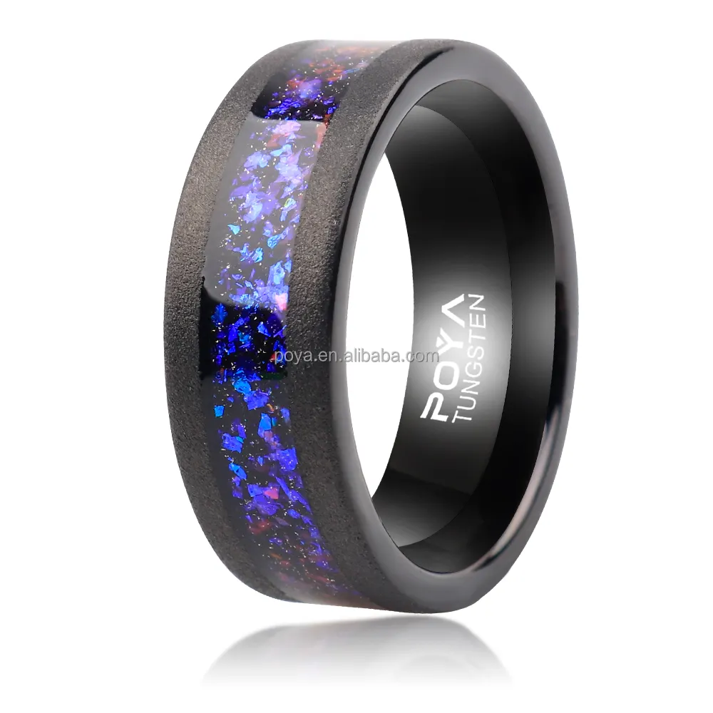 Poya galaxy anel de noivado, anel de tungstênio preto com areia de 8mm para homens, único