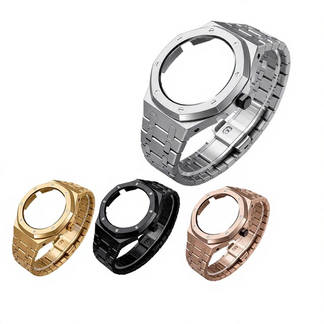 Electroplated Stainless Steel Watch Case and Band Modification Kit with Rustic Oak Strap and Butterfly Clasp
