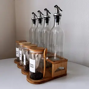 De vidrio y de bambú despensa 4 piezas 500ml botella de vinagre de aceite y 4 300ml 10 ml de vidrio oz tarro de especias con cuchara de bambú de spice Rack