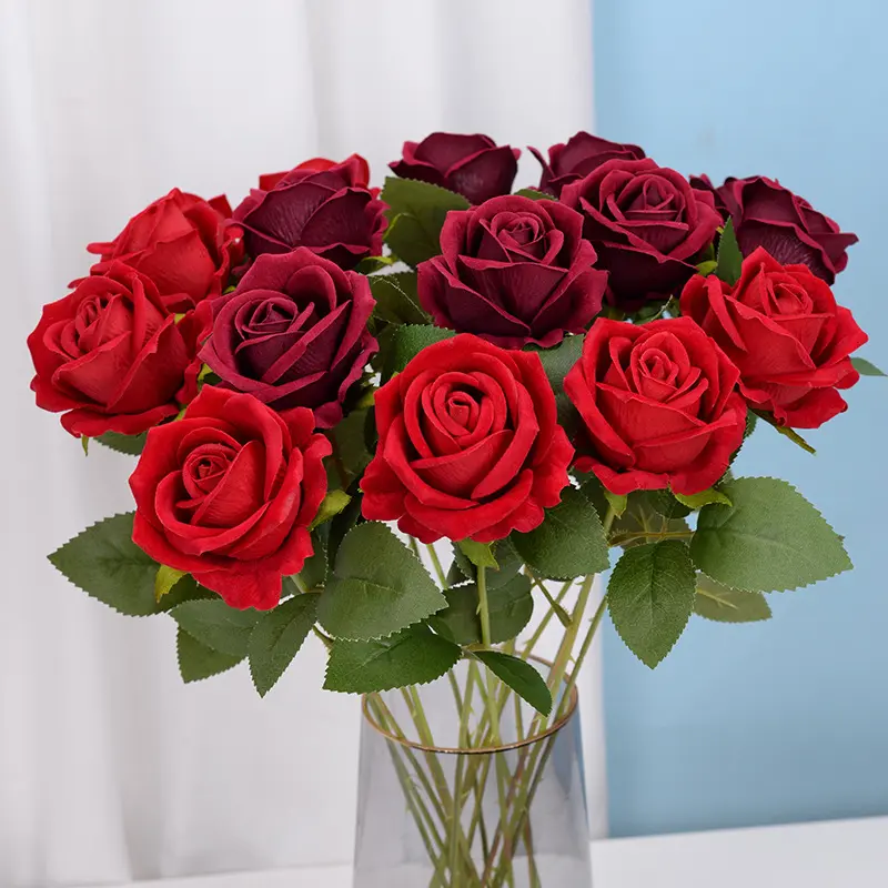 Artificial Flowers Single Head Red Rose Velvet Artificial Rose Flower For Wedding Home Party Decoration