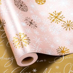 Pink Christmas <b>Wrapping</b> <b>Paper</b> Roll Gold Snowflakes Reversible 46.8 Square Feet Recyclable Gift Craft - Product Image 1