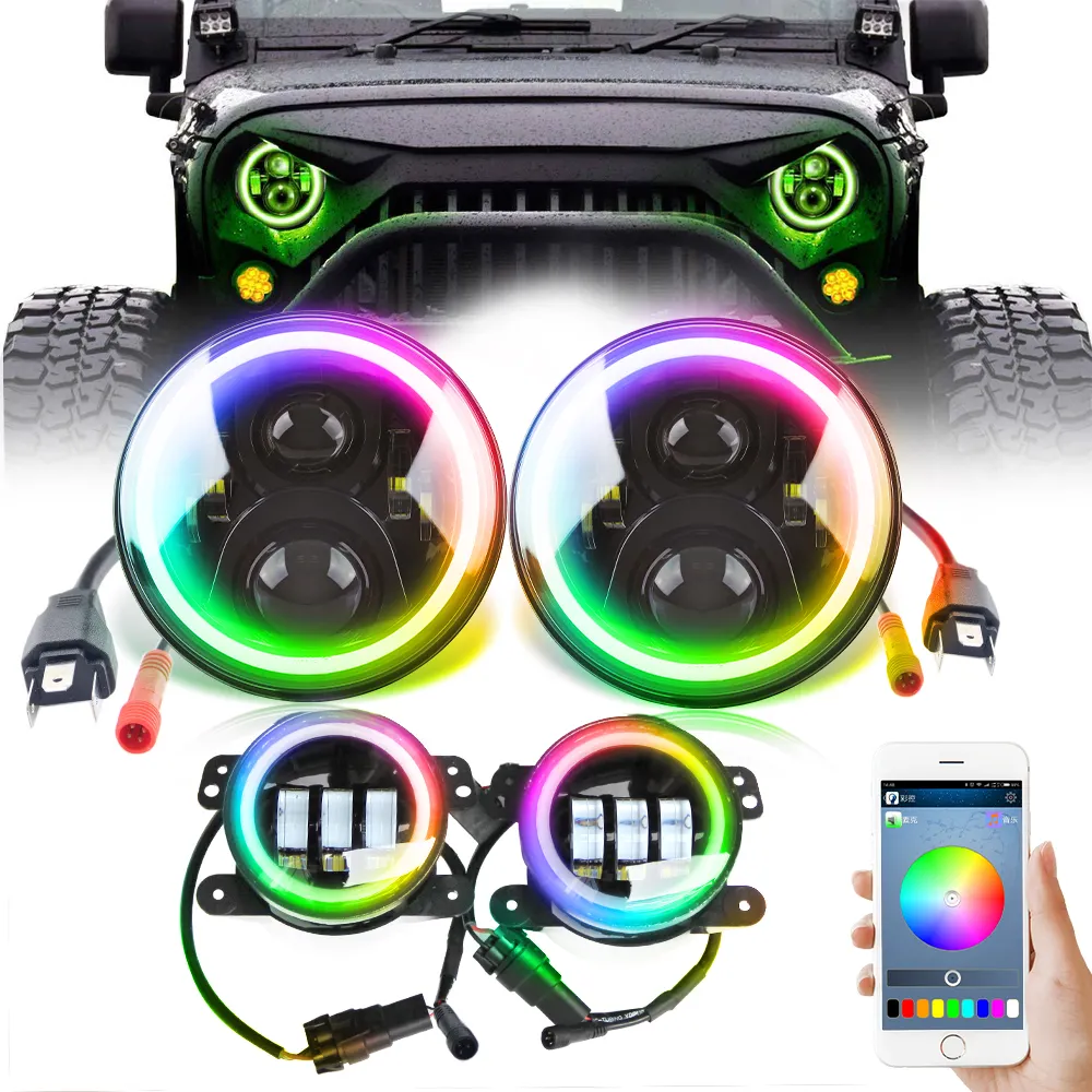 סיטונאי אלחוטי טלפון App RGB שלט רחוק אוטומטי 12V Chasing Halo 7 ''אינץ עגול Led פנס עם ערפל ערכת אור JK