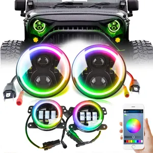 Controle remoto automotivo, sem fio, app, rgb, 12v, perseguição de farol automotivo, 7 ''polegadas, com kit de farol de milha para jk