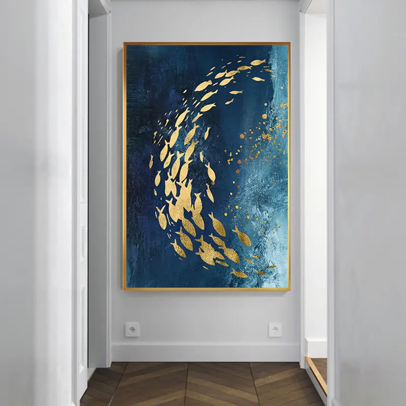 Abstracte Gouden Vis Chinese Canvas Schilderij Grote Blauwe Poster Print Luxe Muur Kunst Voor Woonkamer Gangpad Gouden Tableaus Foto