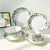 Ensemble de bols et assiettes en céramique sous glaçure, motif végétal pastoral vert frais de luxe - Compatible micro-ondes, haute esthétique