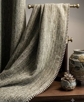 Rideau en tissu texturé rustique aspect lin épais avec bordure à pompons pour salon, décoration intérieure, taille personnalisée