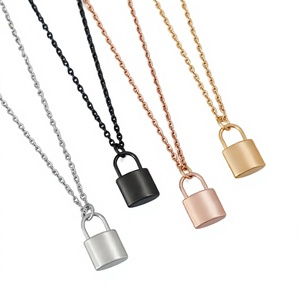 Collar con Colgante de Candado de Acero Inoxidable, Cadena Plana de Bambú, Joyería Minimalista Unisex para Regalo y Uso Diario - Product Image 3