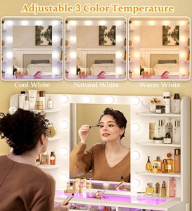 Coiffeuse moderne avec miroir éclairé 43,3 po de large, en MDF blanc, meuble de rangement de chambre avec tiroirs et étagères - Product Image 6