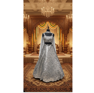 Lehenga de Lentejuelas Plateadas, Elegante Traje de Fiesta, Diseño Tradicional para Novias, Bodas y Festivales, para Mujer - Product Image 1