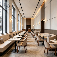 Projet hôtelier Ron Group, mobilier de restaurant, table carrée en marbre, banquette en forme de L, chaise en tissu rembourrée