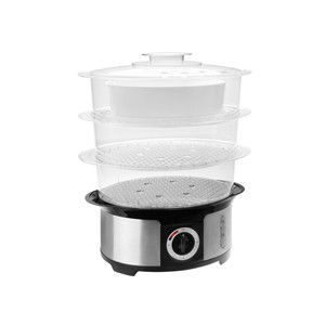 Vaporiera elettrica a 3 livelli con base in acciaio inossidabile, vassoi trasparenti e coperchio per una cucina sana - Product Image 1
