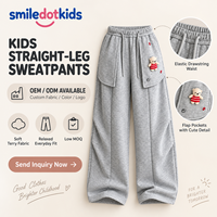 Smiledotkids Pantalon de survêtement personnalisé pour enfants, coupe large, gris, avec cordon de serrage, motif ours, poche boutonnée, OEM ODM, vente en gros pour tout-petits, direct usine