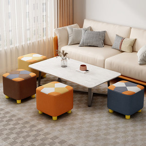 Orange <strong>Patchwork</strong> Square Ottoman, PU Leather Cube <strong>Footstool</strong>, Kids Upholstered Stool with Wooden Legs for Nursery &amp; Living Room - Product Image 6