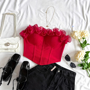 Top de tubo elegante sin tirantes con flor tridimensional, estilo camisola, para uso interior/exterior, ajustado y sensual. - Product Image 1