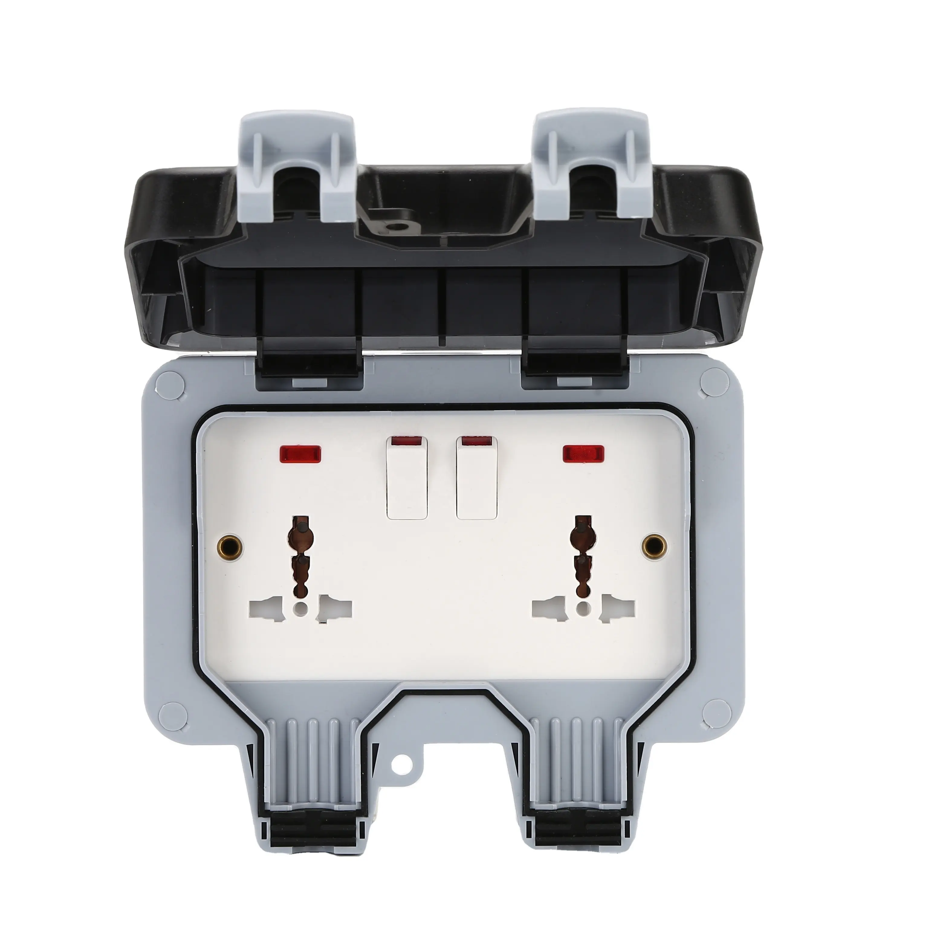 Height IP66 13A 2-GANG DP WEATHERPROOF OUTDOOR BRITISH UNIVERSAL SWITCHED SOCKET WITH NEON MP22-UN