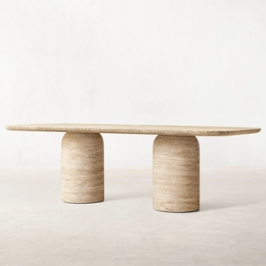 طاولة طعام من حجر الترافرتين الطبيعي بتصميم عصري للفنادق والفلل بسطح بيضاوي كبير - Product Image 1