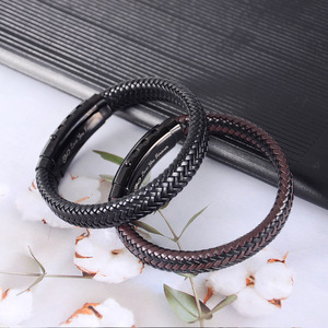 Men's <b>Leather</b> Woven <b>Bracelet</b> Black Coffee Adjustable 7.5in 8.5in 9in Gift Jewelry European American Street Style Punk Fashion - Product Image 1