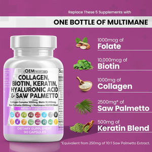 Cápsula de colágeno OEM Biotina y queratina Ácido hialurónico Saw Palmetto Cápsulas hialurónicas Suplemento Píldoras de colágeno marino - Product Image 4