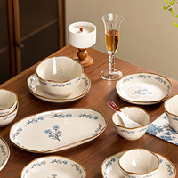 Ensemble de bols et d'assiettes en céramique de style japonais de haute qualité, motif végétal, passe au micro-ondes, utilisation domestique, cadeau de pendaison de crémaillère
