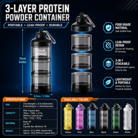 Conteneur de poudre protéinée à 3 compartiments avec entonnoir, porte-clés mousqueton, sans BPA, boîte à suppléments, logo personnalisé, vente en gros pour la gym