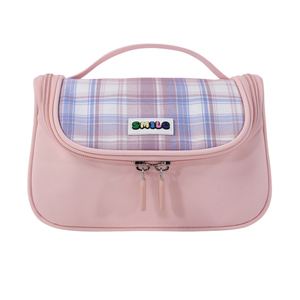 Bolsa de Papelería de Nailon Rosa a Cuadros Personalizada SENDA con Parche de Sonrisa, Estuche para Lápices para Guardar Útiles Escolares - Product Image 1
